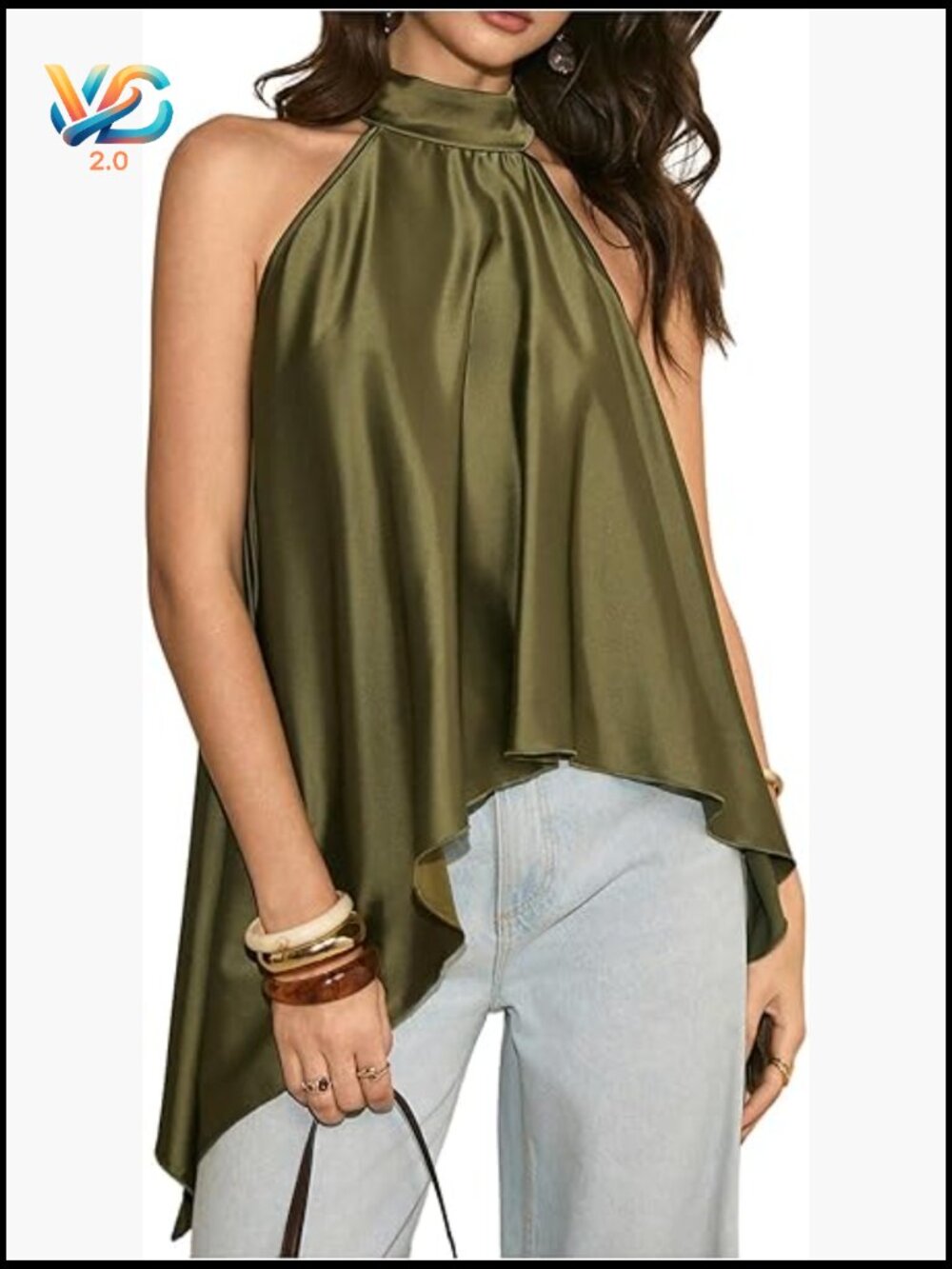 Satin Sleeveless Halter Top Asymmetrical Hem Flowy Party Night Out Y2K Tops